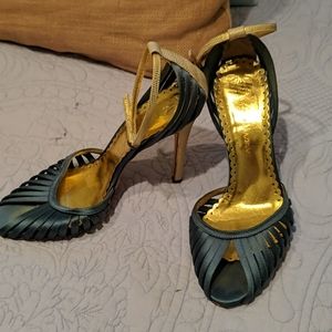 Teal and gold strappy heels